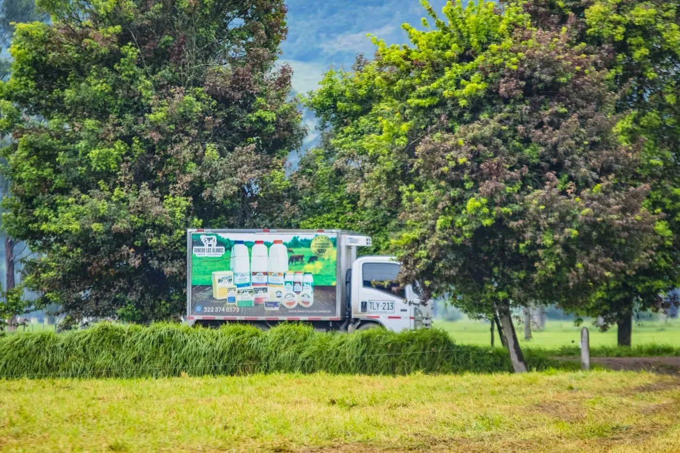 Camión de reparto de Rancho Los Álamos entre los árboles de la finca